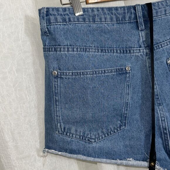 PLT x KARL KANI US12 Medium Vintage Wash Denim Cut Off Raw Fringe Hem Shorts - Picture 6 of 9